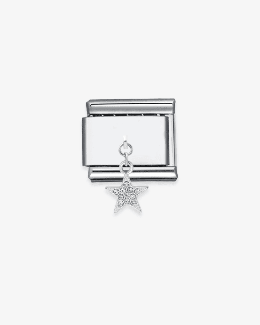 Charm plateado de acero inoxidable personalizable, compatible con pulseras italianas tipo Nomination. Diseño elegante, ideal para crear combinaciones únicas y expresar tu estilo personal. Charms colgantes. Charms de estrellas.
