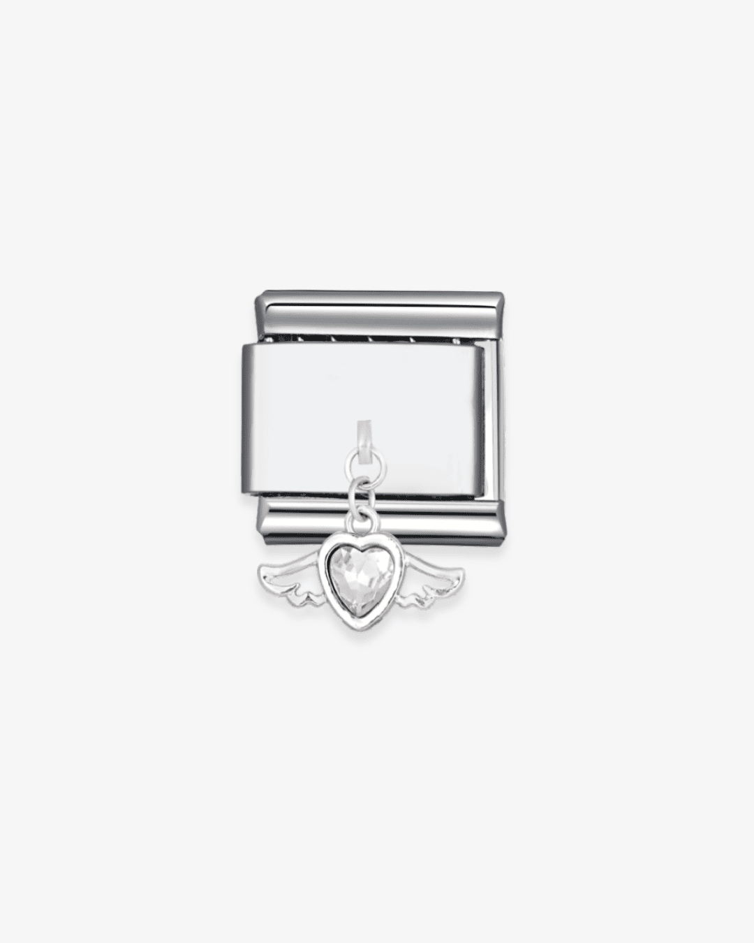 Charm plateado colgante de acero inoxidable personalizable, compatible con pulseras italianas tipo Nomination. Diseño elegante, ideal para crear combinaciones únicas y expresar tu estilo personal.