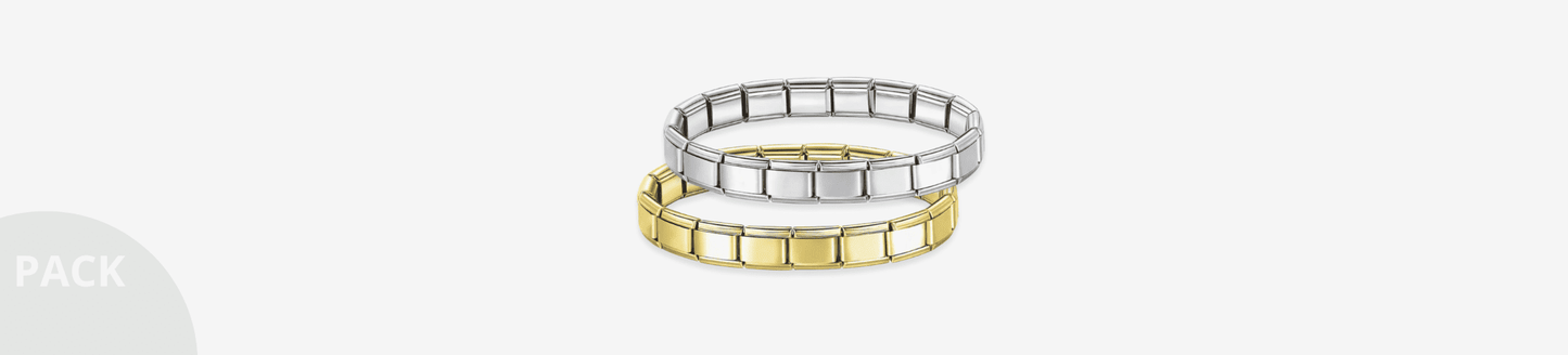 Pack de pulseras personalizables ICON Bracelet para pulseras italianas tipo Nomination. Combinación de diseños dorados y plateados con estilo mediterráneo, ideal para regalar o coleccionar.