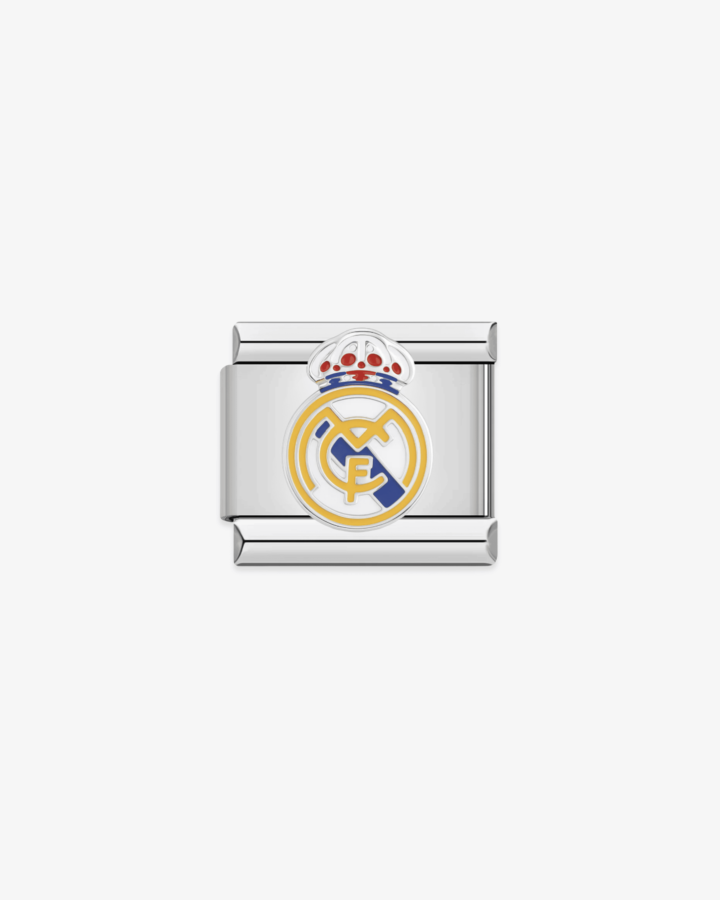 Charm plateado de acero inoxidable personalizable, compatible con pulseras italianas tipo Nomination. Diseño elegante, ideal para crear combinaciones únicas y expresar tu estilo personal. Charms de fútbol, charms del real madrid.