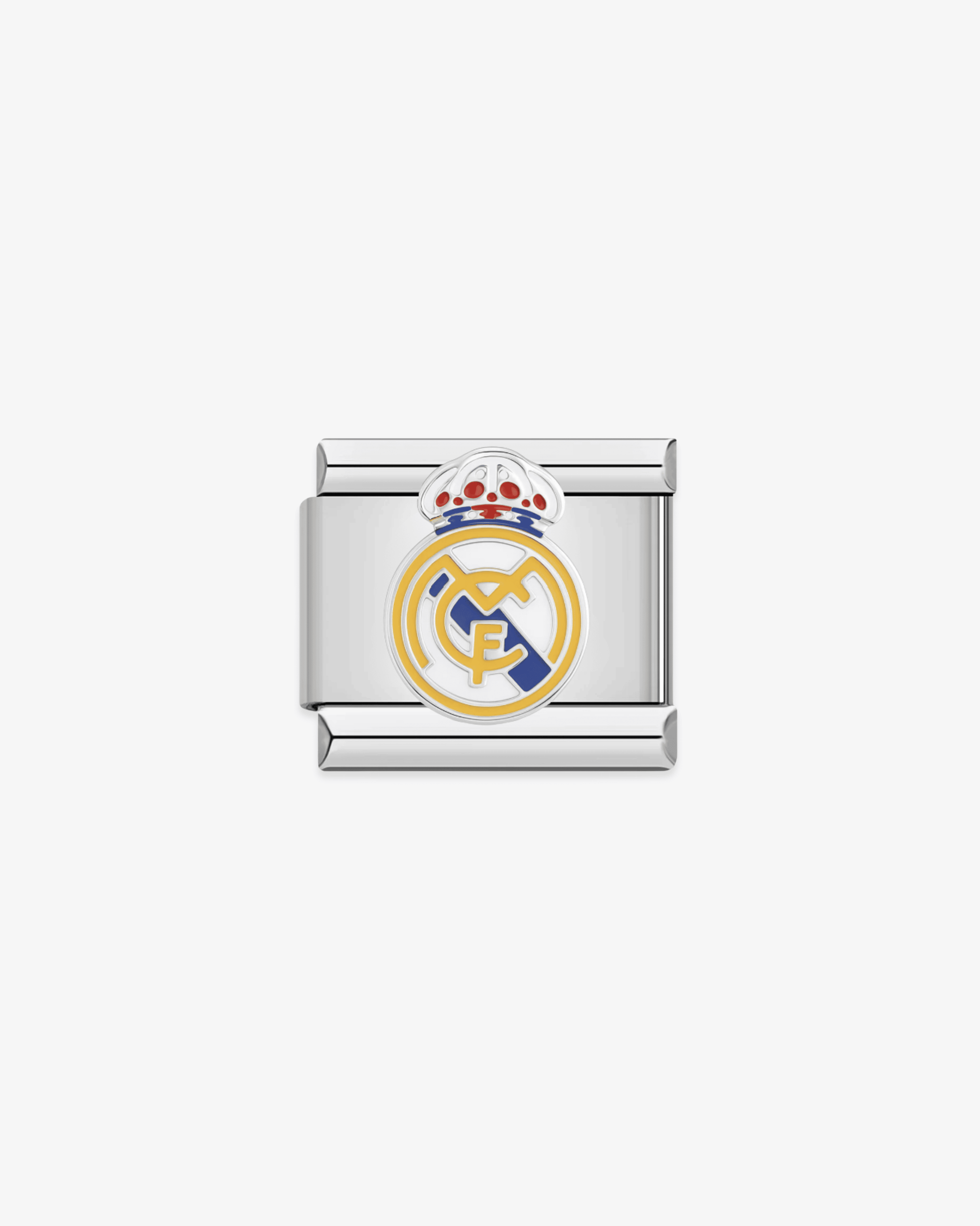 Charm plateado de acero inoxidable personalizable, compatible con pulseras italianas tipo Nomination. Diseño elegante, ideal para crear combinaciones únicas y expresar tu estilo personal. Charms de fútbol, charms del real madrid.