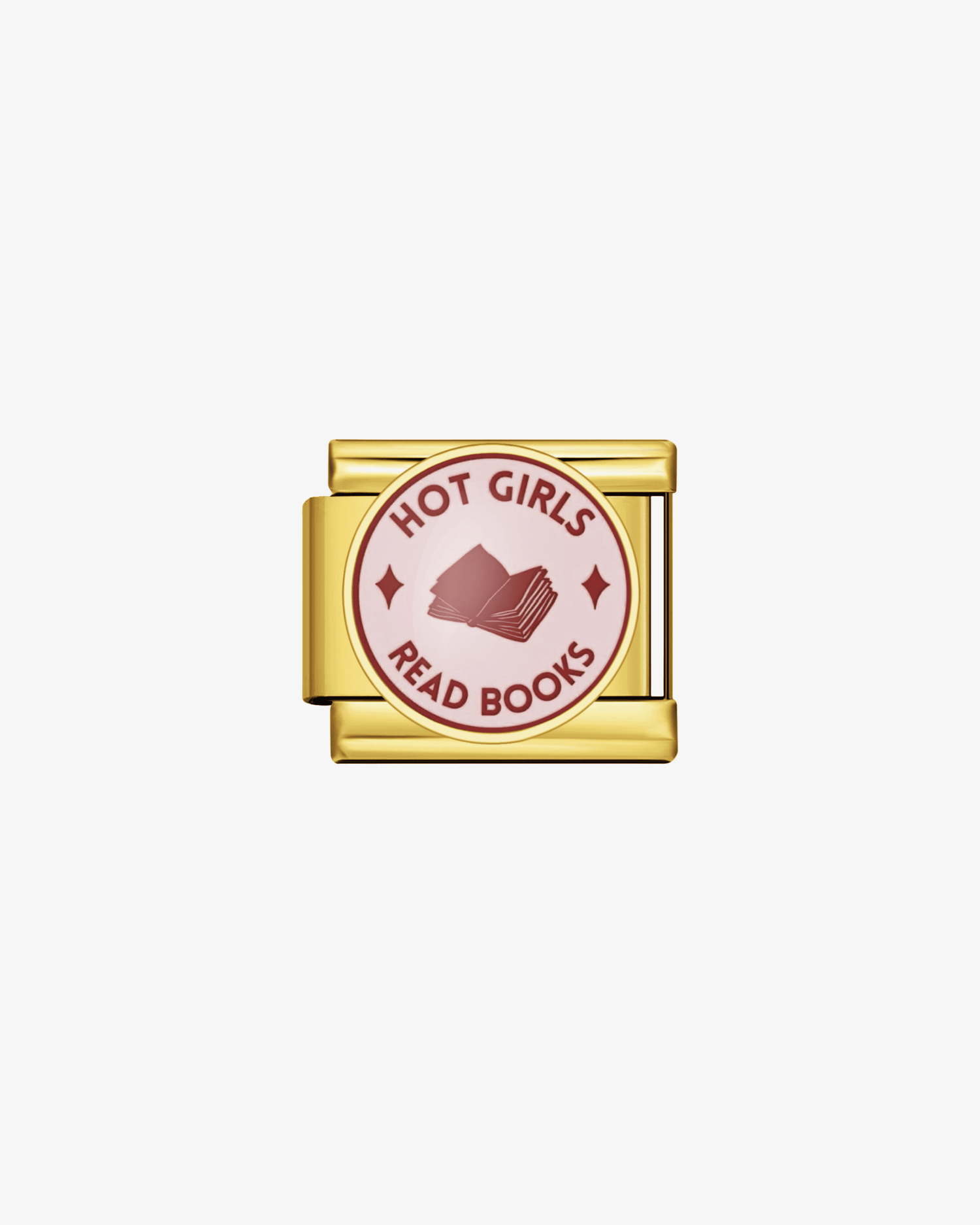 Charm dorado de acero inoxidable personalizable, compatible con pulseras italianas tipo Nomination. Diseño elegante, ideal para crear combinaciones únicas y expresar tu estilo personal. Charms de Hot Girls. Charms de frases. Charms para lectores. Charms sobre libros/leer.