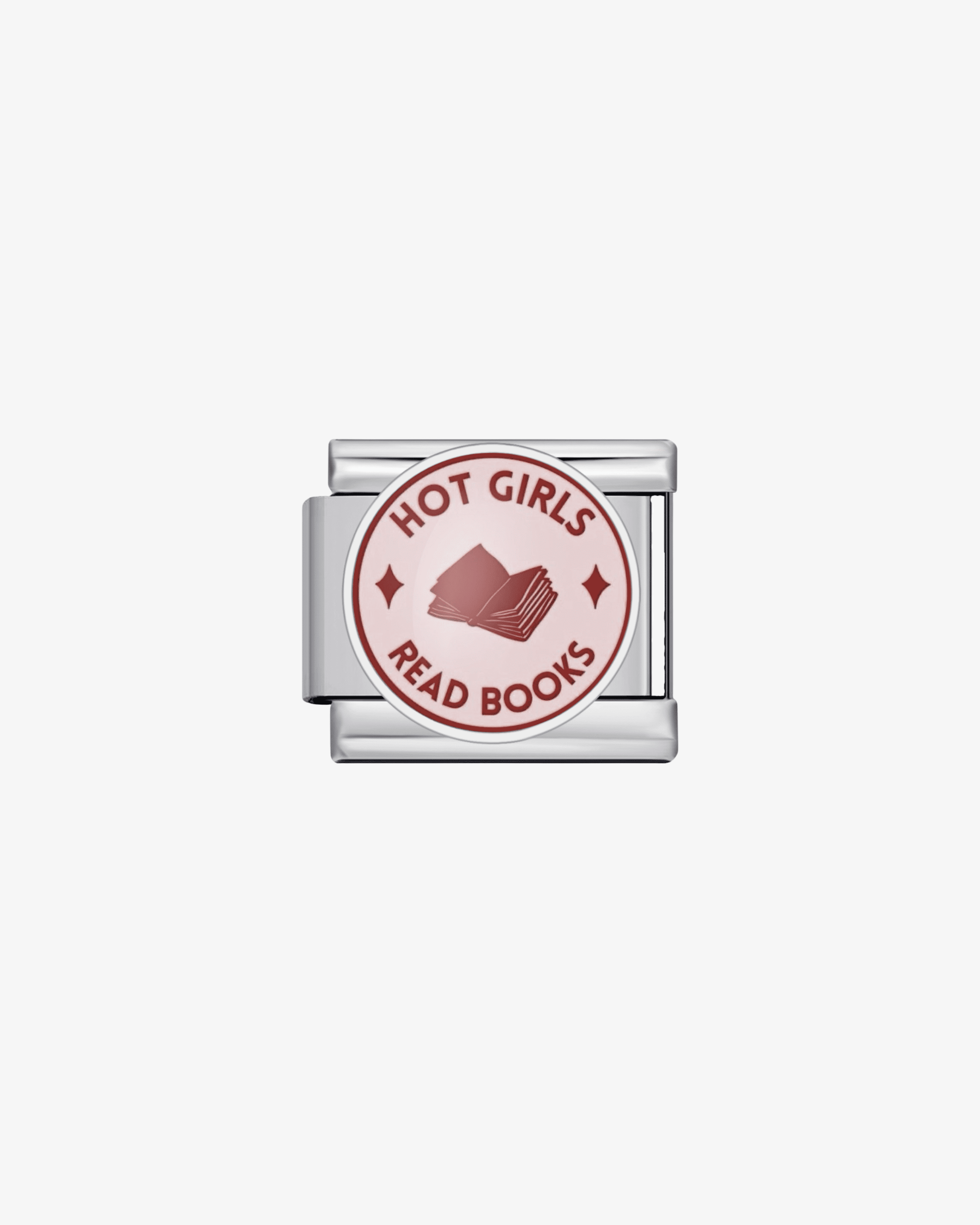 Charm plateado de acero inoxidable personalizable, compatible con pulseras italianas tipo Nomination. Diseño elegante, ideal para crear combinaciones únicas y expresar tu estilo personal. Charms de Hot Girls. Charms de frases. Charms para lectores. Charms sobre libros/leer.
