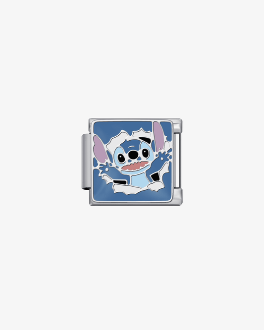 Charm plateado de acero inoxidable personalizable, compatible con pulseras italianas tipo Nomination. Diseño elegante, ideal para crear combinaciones únicas y expresar tu estilo personal. Charms de Lilo y Stitch. Charms de películas. Charms de cine. Charms de Stitch.