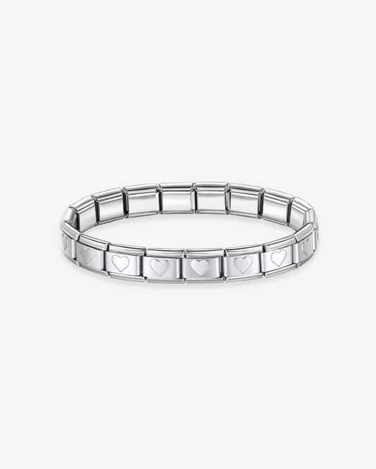 Brazalete de charms italianos de corazón personalizable de ICON Bracelet, compatible con eslabones tipo Nomination. Ideal para combinar charms dorados o plateados y crear una joya única con estilo mediterráneo.