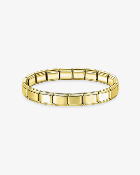 Brazalete de charms italianos personalizable de ICON Bracelet, compatible con eslabones tipo Nomination. Ideal para combinar charms dorados o plateados y crear una joya única con estilo mediterráneo.