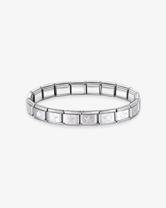 Brazalete de charms italianos de estrella personalizable de ICON Bracelet, compatible con eslabones tipo Nomination. Ideal para combinar charms dorados o plateados y crear una joya única con estilo mediterráneo.