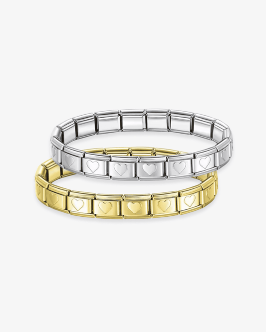 Brazalete de charms italianos de corazón personalizable de ICON Bracelet, compatible con eslabones tipo Nomination. Ideal para combinar charms dorados o plateados y crear una joya única con estilo mediterráneo.