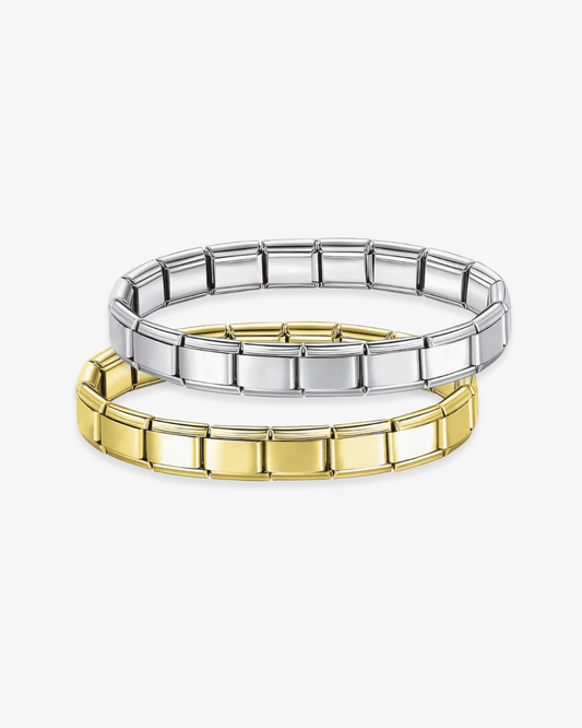 Brazalete de charms italianos personalizable de ICON Bracelet, compatible con eslabones tipo Nomination. Ideal para combinar charms dorados o plateados y crear una joya única con estilo mediterráneo.