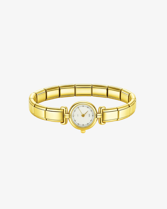 Reloj de charms italianos personalizable, compatible con eslabones tipo Nomination. Diseño elegante y modular para combinar con charms ICON y crear una joya única.
Reloj dorado.