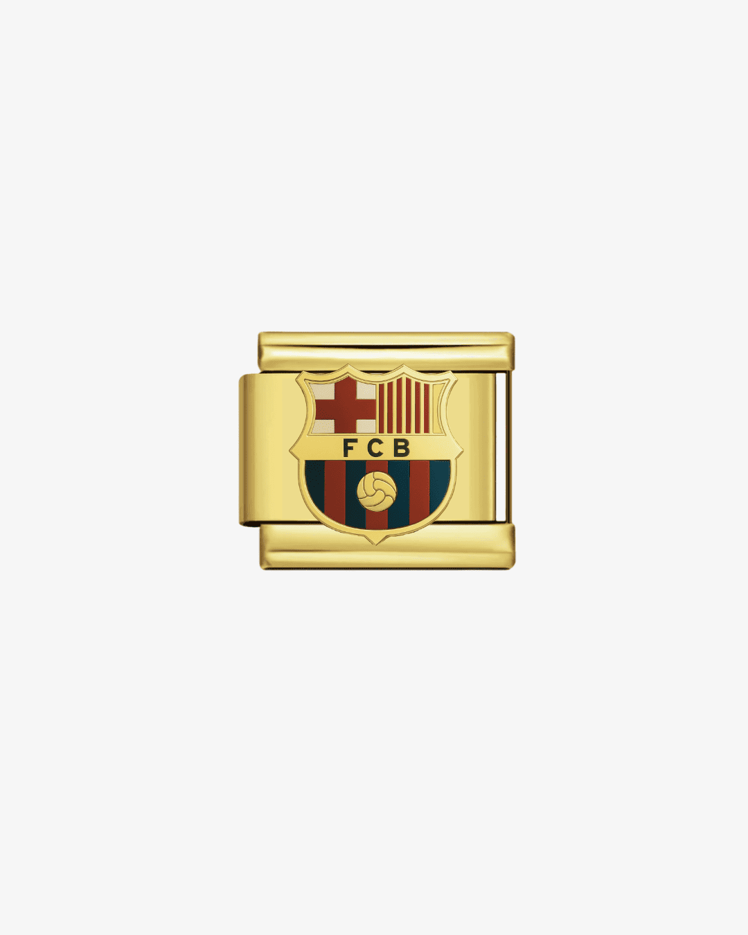 Charm dorado de acero inoxidable personalizable, compatible con pulseras italianas tipo Nomination. Diseño elegante, ideal para crear combinaciones únicas y expresar tu estilo personal. Charms de fútbol. Charms de deporte. Escudo de fútbol.