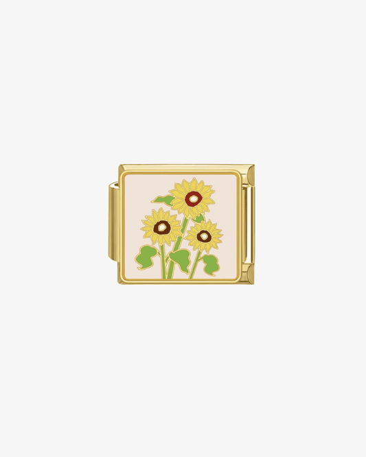 Charm dorado de acero inoxidable personalizable, compatible con pulseras italianas tipo Nomination. Diseño elegante, ideal para crear combinaciones únicas y expresar tu estilo personal. Charms de flores.