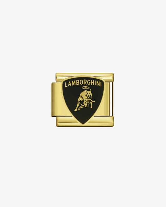 Charm dorado de acero inoxidable personalizable, compatible con pulseras italianas tipo Nomination. Diseño elegante, ideal para crear combinaciones únicas y expresar tu estilo personal. Charms de marcas. Charms de coches. Lamborghini.