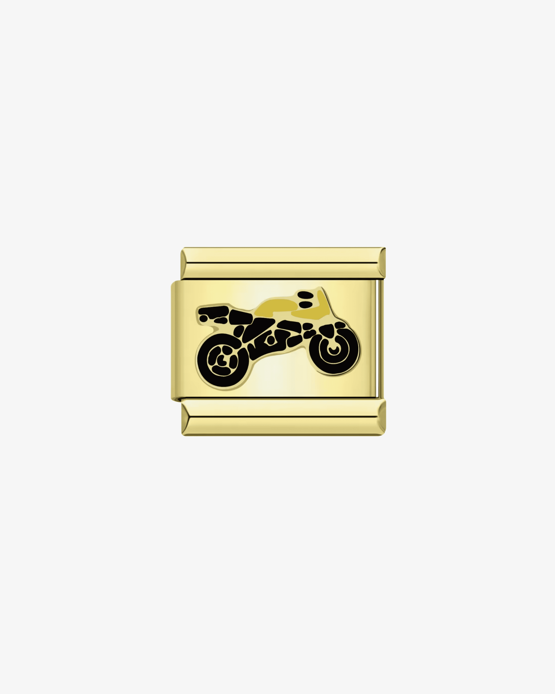 Charm dorado de acero inoxidable personalizable, compatible con pulseras italianas tipo Nomination. Diseño elegante, ideal para crear combinaciones únicas y expresar tu estilo personal. Charms de motos. 