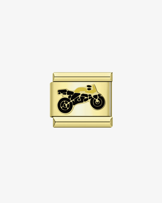 Charm dorado de acero inoxidable personalizable, compatible con pulseras italianas tipo Nomination. Diseño elegante, ideal para crear combinaciones únicas y expresar tu estilo personal. Charms de motos. 