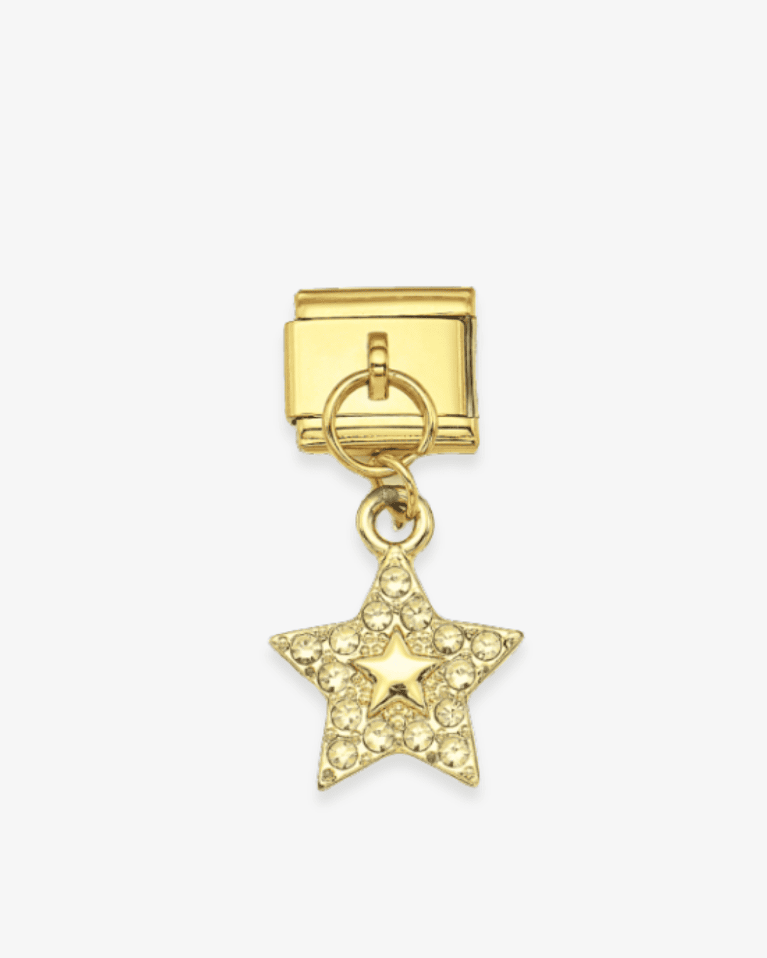 Charm dorado de acero inoxidable personalizable, compatible con pulseras italianas tipo Nomination. Diseño elegante, ideal para crear combinaciones únicas y expresar tu estilo personal. Charms colgantes. Colgante estrella. Charm estrella.