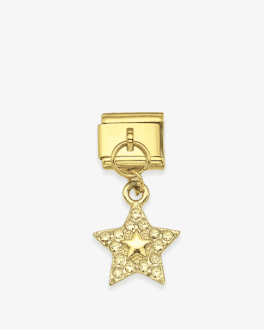 Charm dorado de acero inoxidable personalizable, compatible con pulseras italianas tipo Nomination. Diseño elegante, ideal para crear combinaciones únicas y expresar tu estilo personal. Charms colgantes. Colgante estrella. Charm estrella.