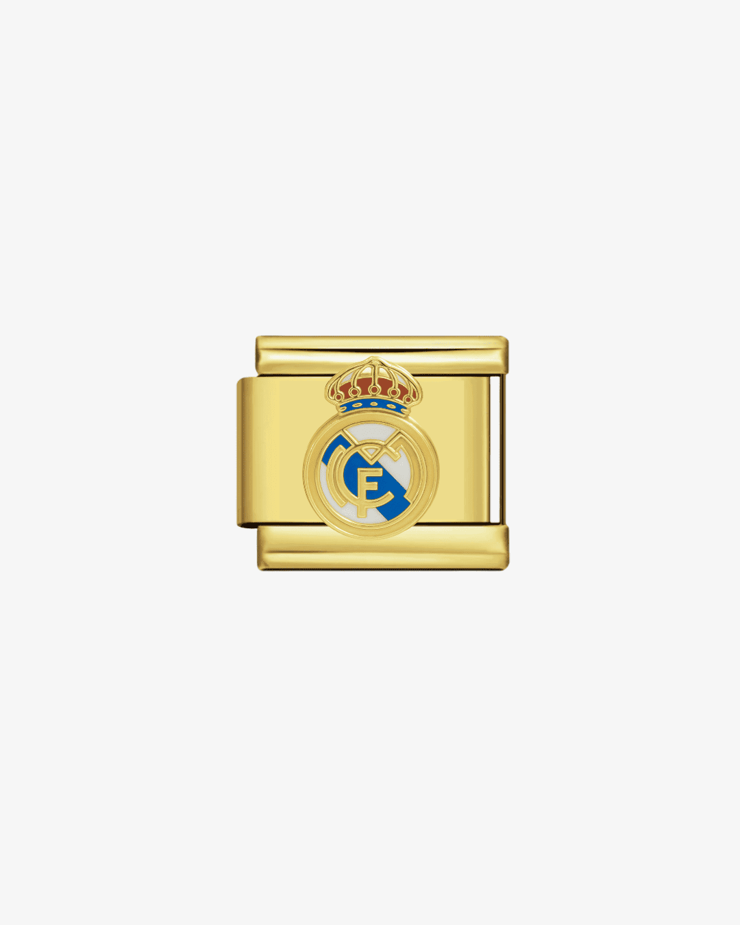 Charm dorado de acero inoxidable personalizable, compatible con pulseras italianas tipo Nomination. Diseño elegante, ideal para crear combinaciones únicas y expresar tu estilo personal. Charms de fútbol. Charms de deporte. Escudo fútbol.