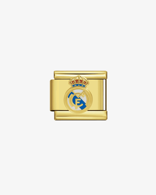Charm dorado de acero inoxidable personalizable, compatible con pulseras italianas tipo Nomination. Diseño elegante, ideal para crear combinaciones únicas y expresar tu estilo personal. Charms de fútbol. Charms de deporte. Escudo fútbol.