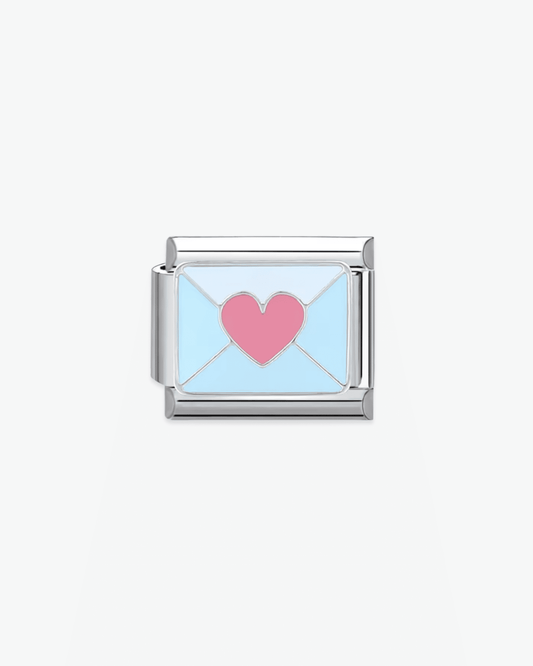 Charm plateado de acero inoxidable personalizable, compatible con pulseras italianas tipo Nomination. Diseño elegante, ideal para crear combinaciones únicas y expresar tu estilo personal. Charms de amor.
