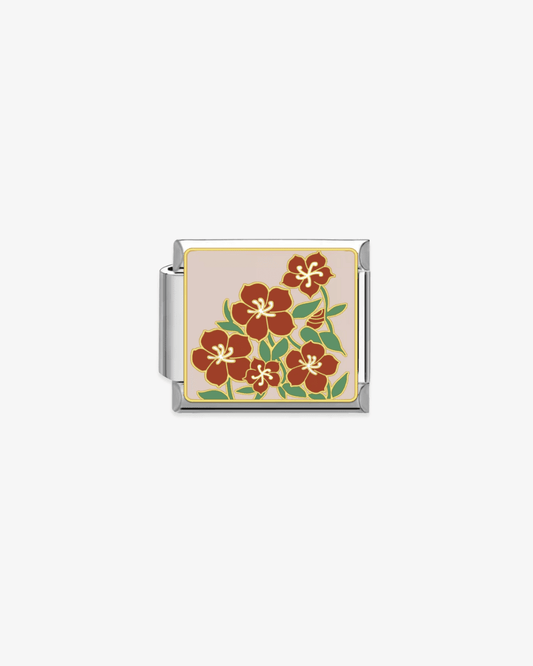 Charm plateado de acero inoxidable personalizable, compatible con pulseras italianas tipo Nomination. Diseño elegante, ideal para crear combinaciones únicas y expresar tu estilo personal. Charms de flores.