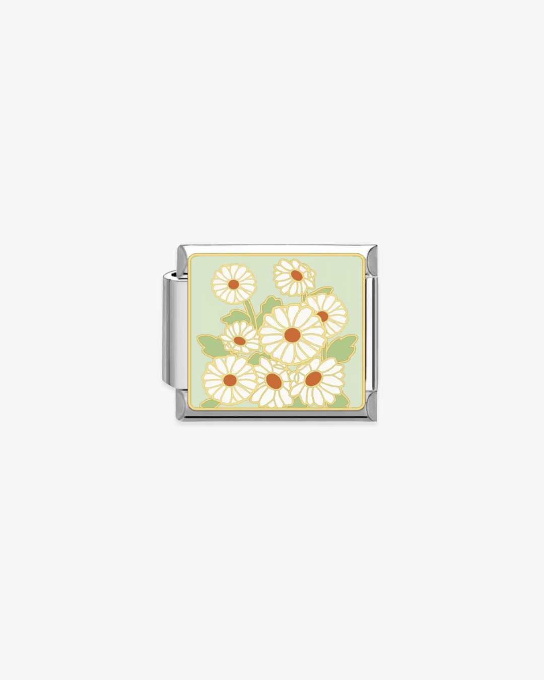 Charm plateado de acero inoxidable personalizable, compatible con pulseras italianas tipo Nomination. Diseño elegante, ideal para crear combinaciones únicas y expresar tu estilo personal. Charms de flores.