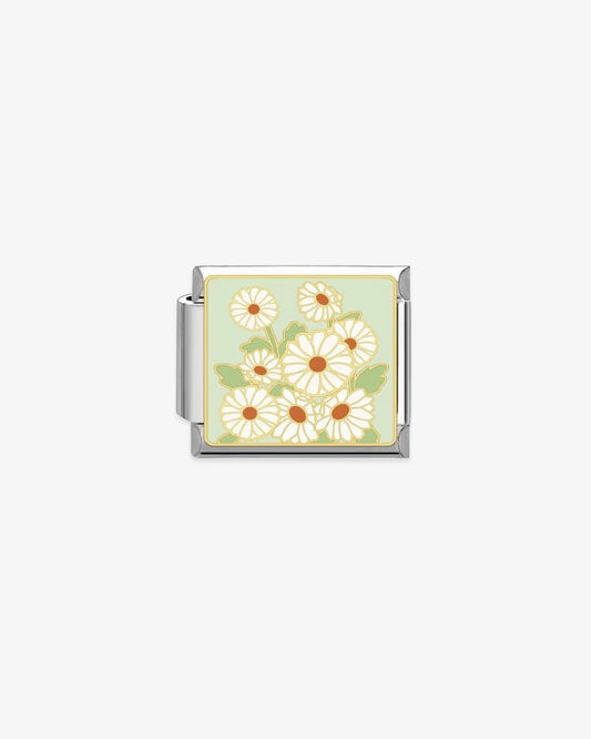 Charm plateado de acero inoxidable personalizable, compatible con pulseras italianas tipo Nomination. Diseño elegante, ideal para crear combinaciones únicas y expresar tu estilo personal. Charms de flores.