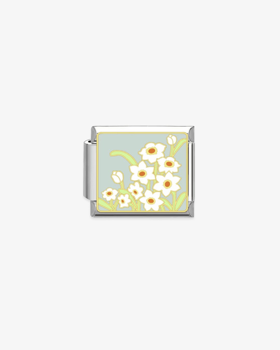Charm plateado de acero inoxidable personalizable, compatible con pulseras italianas tipo Nomination. Diseño elegante, ideal para crear combinaciones únicas y expresar tu estilo personal. Charms de flores.