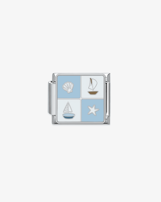 Charm plateado de acero inoxidable personalizable, compatible con pulseras italianas tipo Nomination. Diseño elegante, ideal para crear combinaciones únicas y expresar tu estilo personal. Charms del mar.