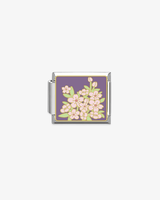 Charm plateado de acero inoxidable personalizable, compatible con pulseras italianas tipo Nomination. Diseño elegante, ideal para crear combinaciones únicas y expresar tu estilo personal. Charms de flores.