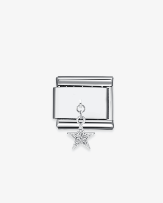 Charm plateado de acero inoxidable personalizable, compatible con pulseras italianas tipo Nomination. Diseño elegante, ideal para crear combinaciones únicas y expresar tu estilo personal. Charms colgantes. Charms de estrellas.