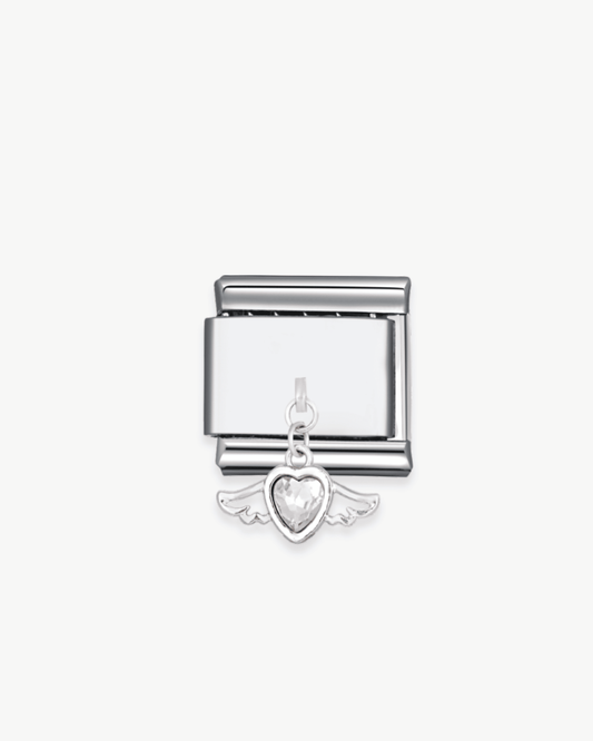 Charm plateado colgante de acero inoxidable personalizable, compatible con pulseras italianas tipo Nomination. Diseño elegante, ideal para crear combinaciones únicas y expresar tu estilo personal.