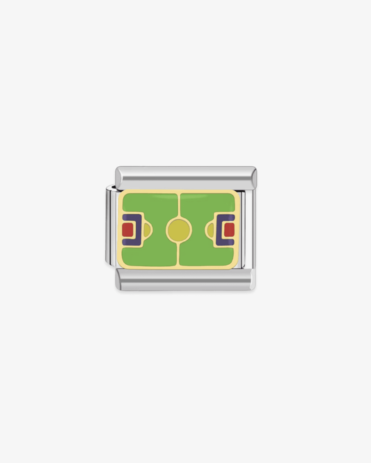 Charm plateado de acero inoxidable personalizable, compatible con pulseras italianas tipo Nomination. Diseño elegante, ideal para crear combinaciones únicas y expresar tu estilo personal. Charms de fútbol. Charms de deporte.