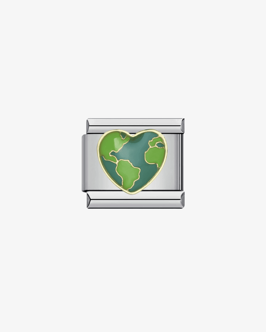 Charm plateado de acero inoxidable personalizable, compatible con pulseras italianas tipo Nomination. Diseño elegante, ideal para crear combinaciones únicas y expresar tu estilo personal. Charms de corazones. Love world