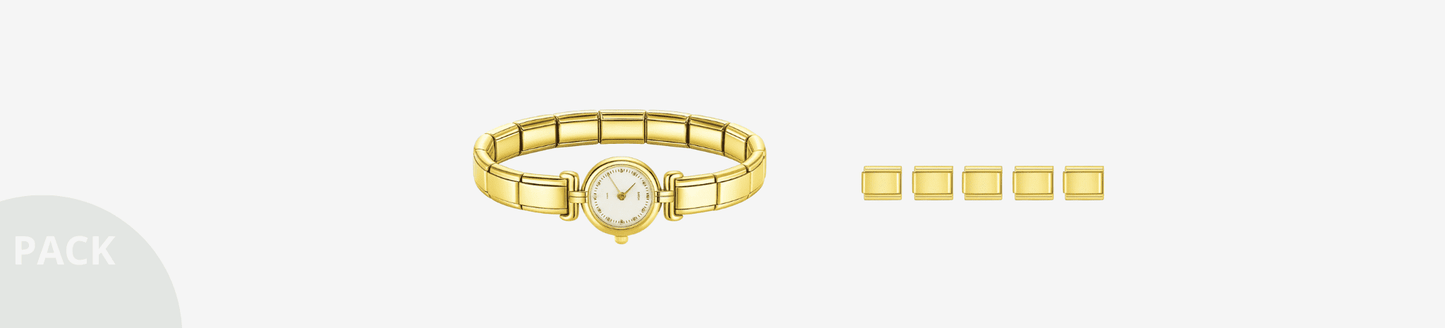 Pack de reloj y charms personalizables ICON Bracelet para pulseras italianas tipo Nomination. Combinación de diseños dorados y plateados con estilo mediterráneo, ideal para regalar o coleccionar.
