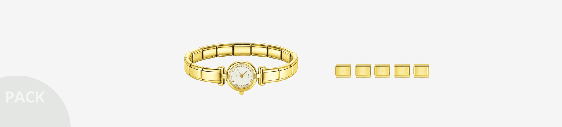 Pack de reloj y charms personalizables ICON Bracelet para pulseras italianas tipo Nomination. Combinación de diseños dorados y plateados con estilo mediterráneo, ideal para regalar o coleccionar.