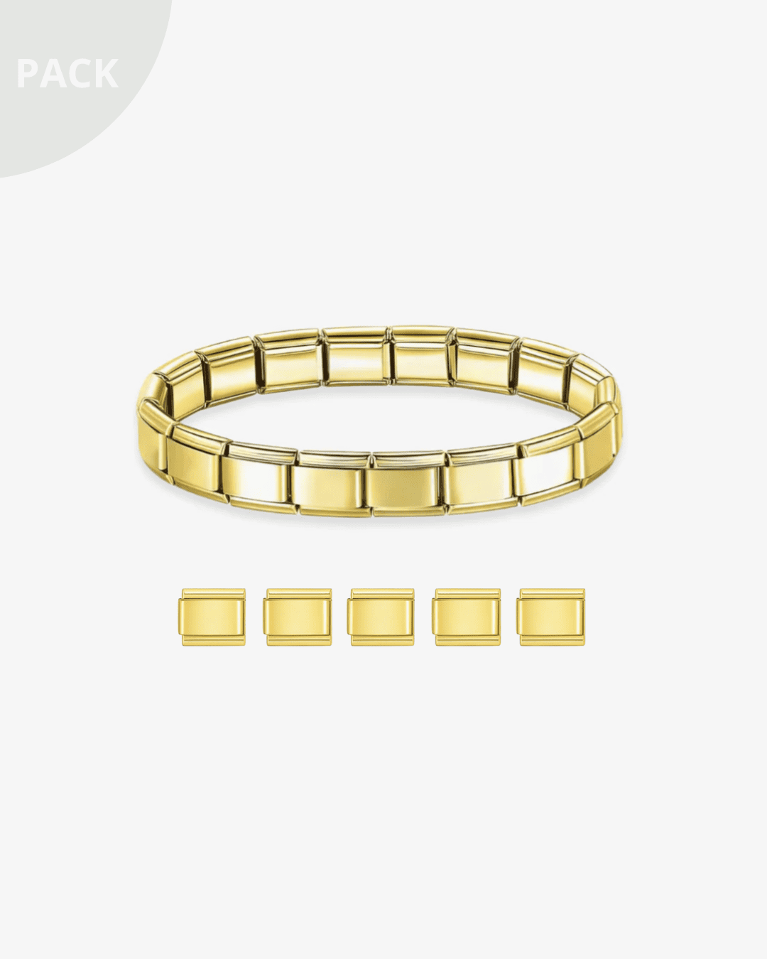 Pack de charms italianos personalizables y una pulsera italiana ICON Bracelet tipo Nomination. Combinación de diseños dorados y plateados con estilo mediterráneo, ideal para regalar o coleccionar.