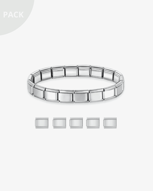 Pack de charms italianos personalizables y una pulsera italiana ICON Bracelet tipo Nomination. Combinación de diseños dorados y plateados con estilo mediterráneo, ideal para regalar o coleccionar.