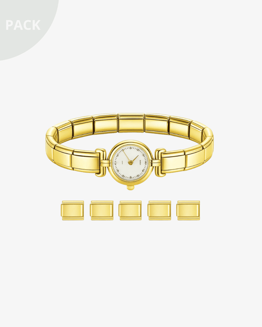 Pack de charms italianos y un reloj personalizables ICON Bracelet tipo Nomination. Combinación de diseños dorados y plateados con estilo mediterráneo, ideal para regalar o coleccionar.