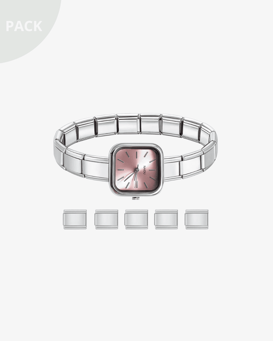 Pack de charms italianos y un reloj personalizables ICON Bracelet tipo Nomination. Combinación de diseños dorados y plateados con estilo mediterráneo, ideal para regalar o coleccionar.